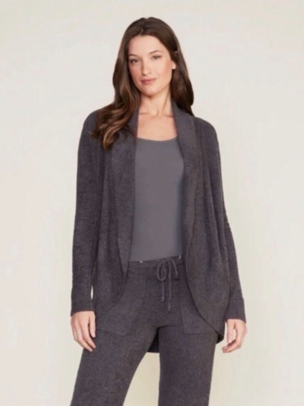 Barefoot Dreams Circle Cozychic Lite Charcoal Open Front Knit Cardigan Pockets